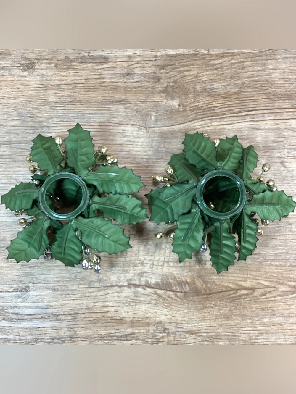 Pair Glass Candlestick Holders with Holiday Candle Rings